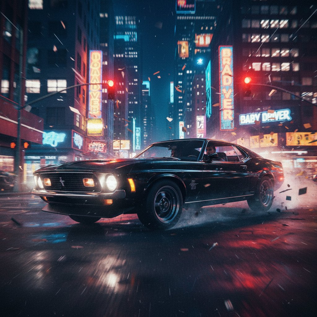 Stylized getaway car, city street at night, dynamic energy, edgar wright movies musical editing