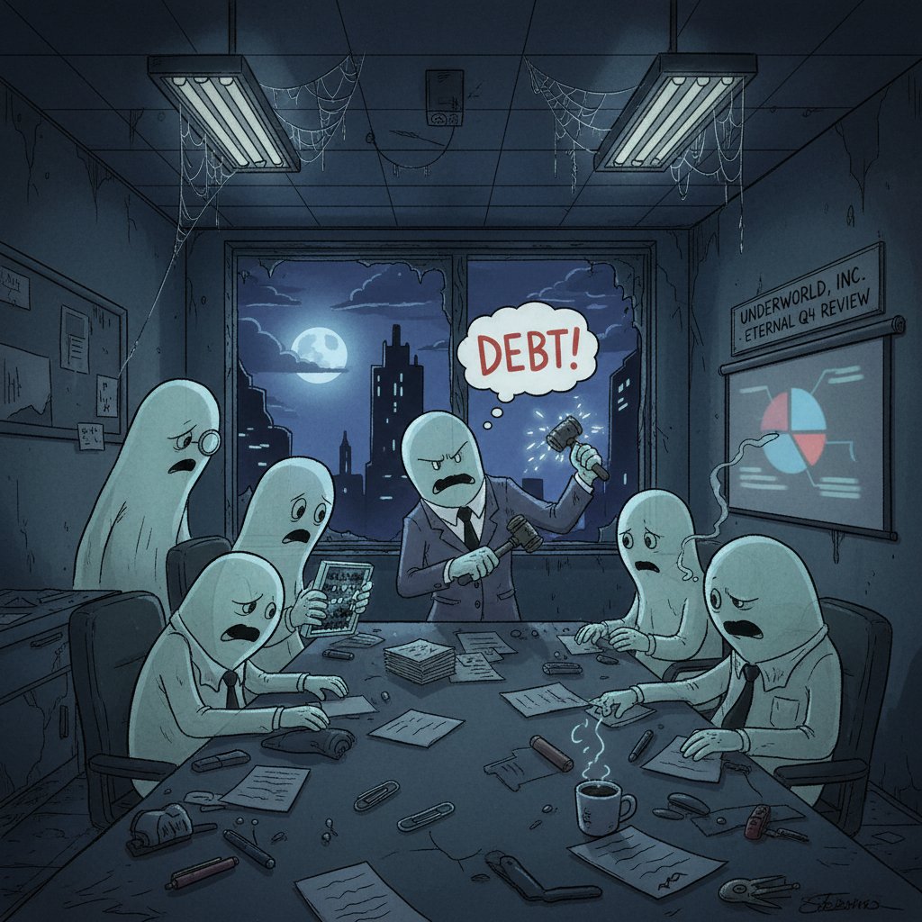 Ghost at office meeting, symbolizing satire in paranormal comedy movies