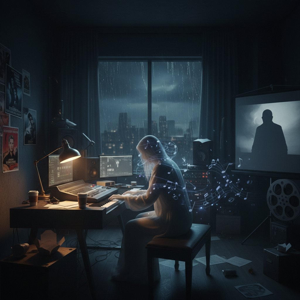 Ghostwriter composing film music in shadows, symbolic of uncredited hands in movie music composition