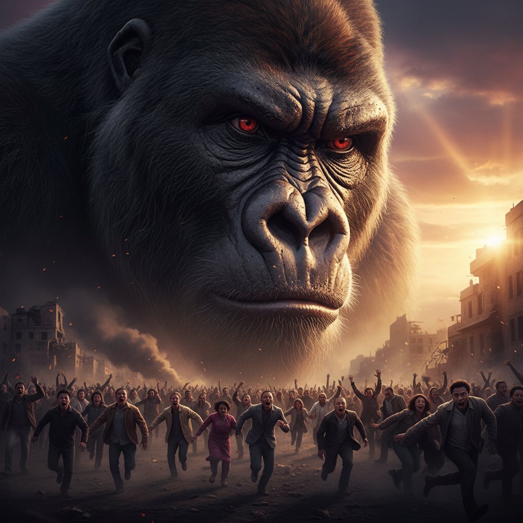 Cinematic closeup of gorilla’s eye reflecting a terrified crowd, dusk, with dramatic lighting and king kong movie atmosphere