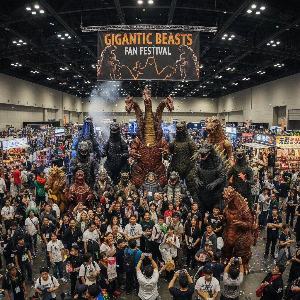 Fans dressed as famous monsters at a lively convention, diverse community, energetic scene, giant monster movies fandom