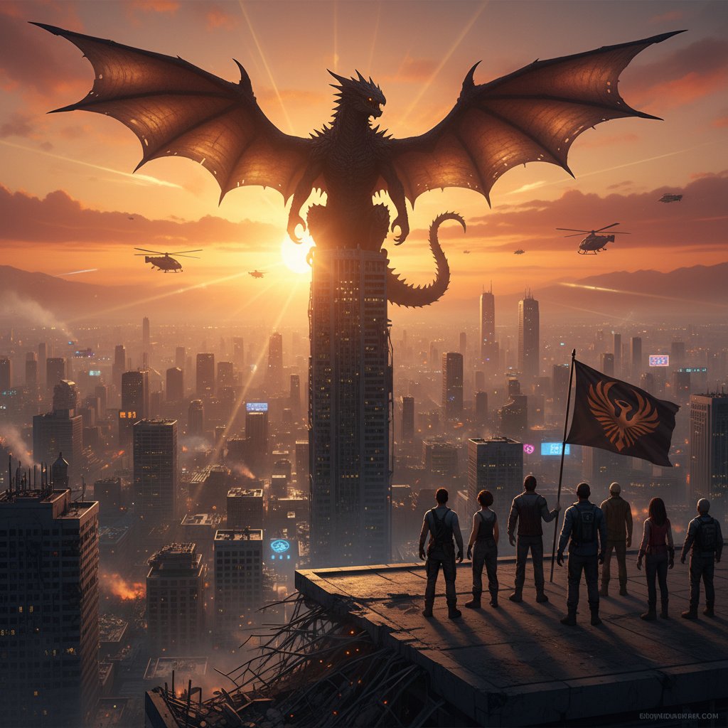 A giant monster stands watch over a city at sunrise, symbolizing resilience, heroic silhouette, survival and change, giant monster movies ending