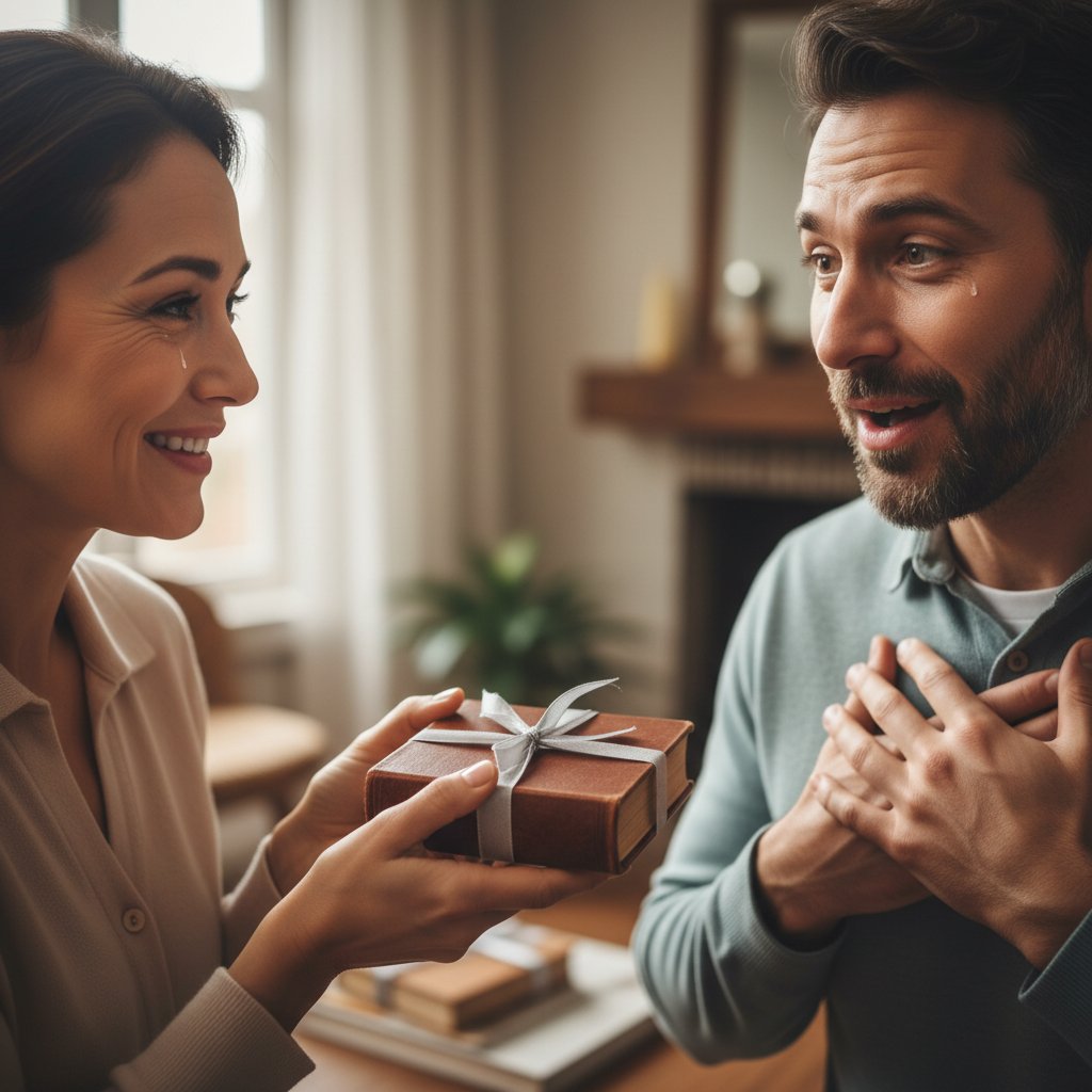 Sentymentalne wręczenie prezentu fotograficznego – emocje na twarzach
