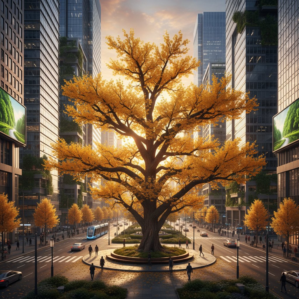 Ginkgo biloba w centrum miasta, w tle nowoczesne budynki, kontrast natury i urbanizacji