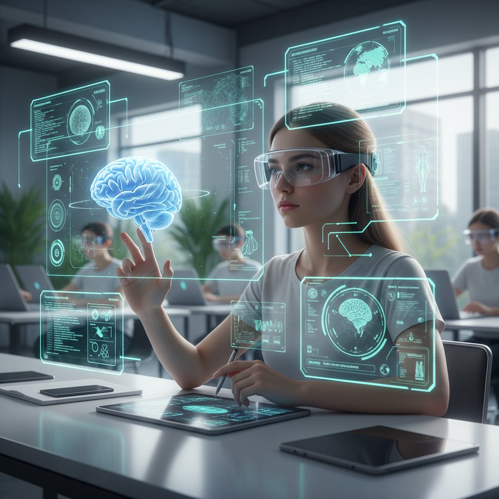 Mädchen lernt mit AR-Brille in moderner Umgebung