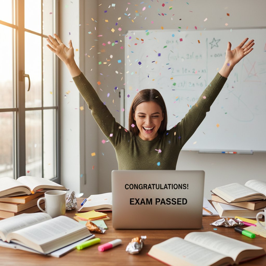 Dziewczyna świętująca sukces egzaminacyjny, komputer i notatki na biurku