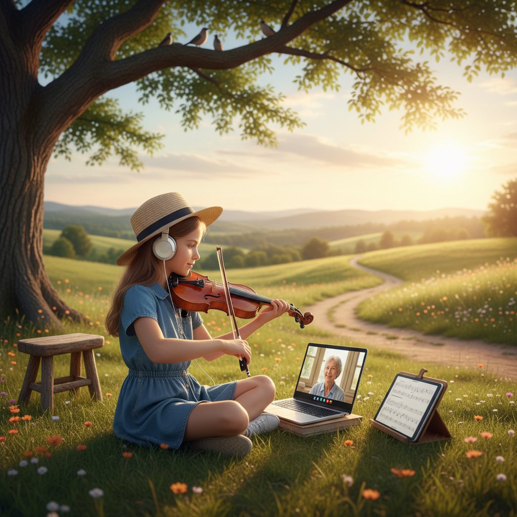Dziewczynka na wsi z laptopem i skrzypcami, uczy się muzyki online w otoczeniu natury – nowe możliwości edukacji