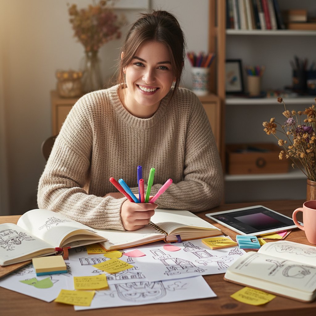 Dziewczynka przy biurku, rysuje kreatywne notatki, uśmiech na twarzy, wokół kolorowe długopisy