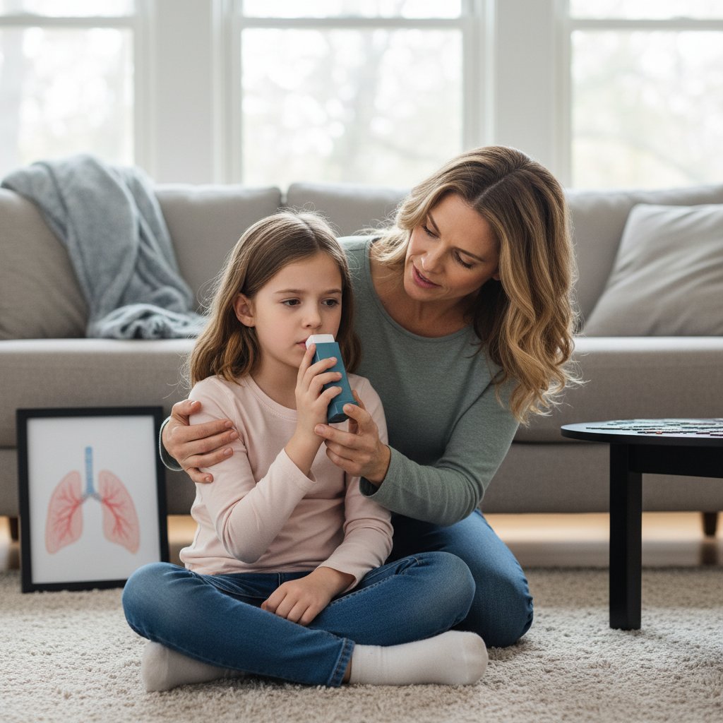 Dziewczynka używająca inhalatora w domu, rodzic w tle