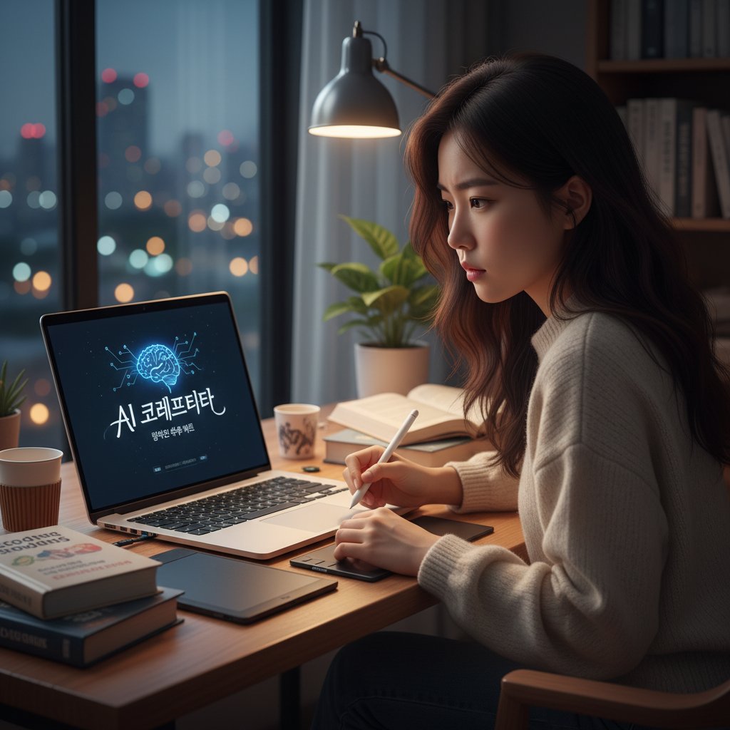 Uczennica korzystająca z laptopa, na ekranie interfejs korepetytor.ai, atmosfera skupienia, wieczorem