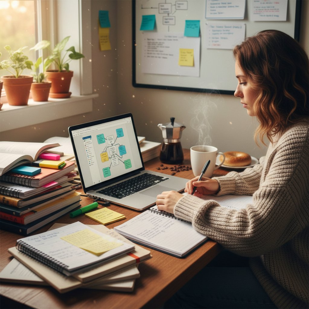 Młoda uczennica analizująca swój plan nauki na laptopie, otoczona zeszytami i kawą – praktyczny system nauki