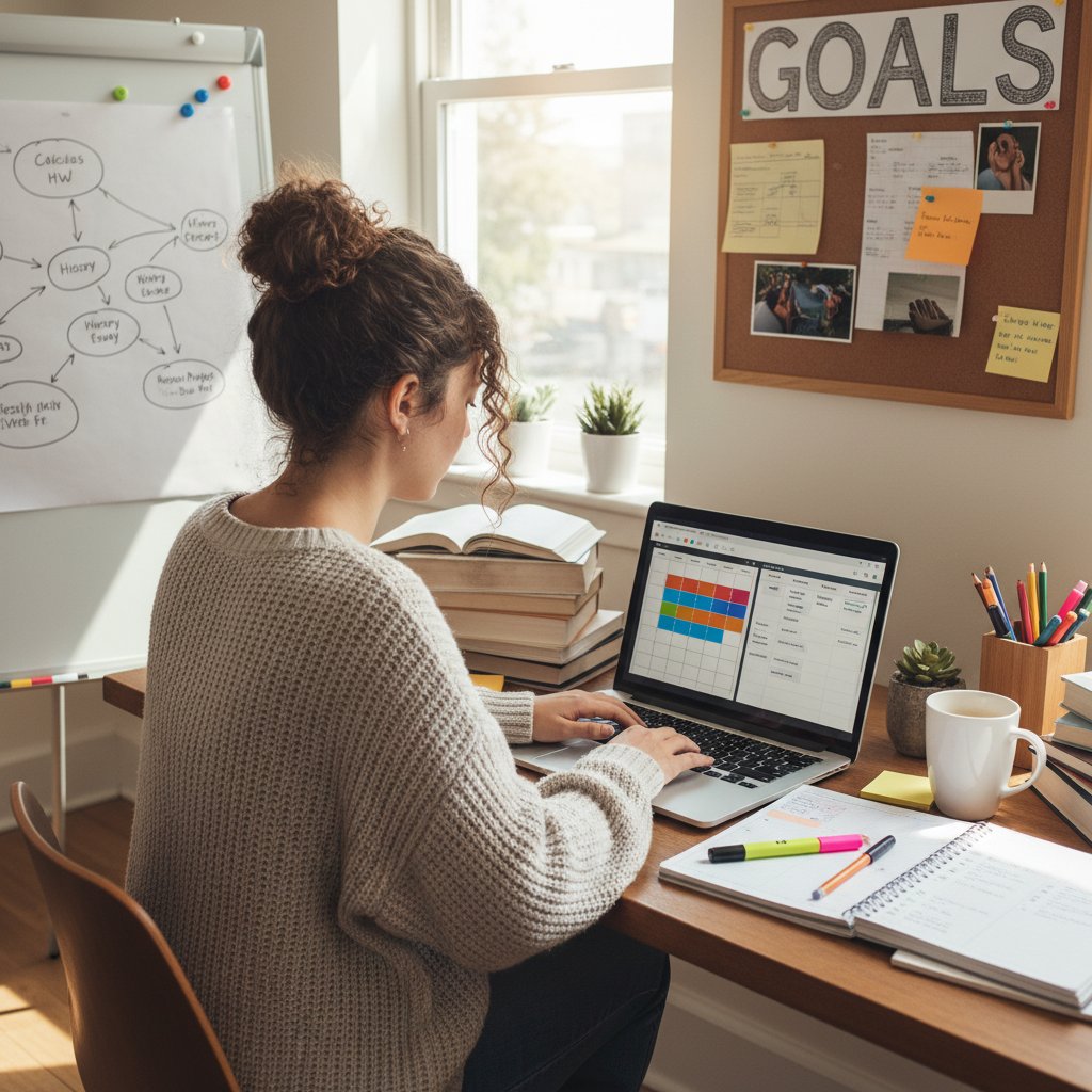 Uczennica przed ekranem laptopa, kartki z zadaniami, kawa, atmosfera skupienia i organizacji