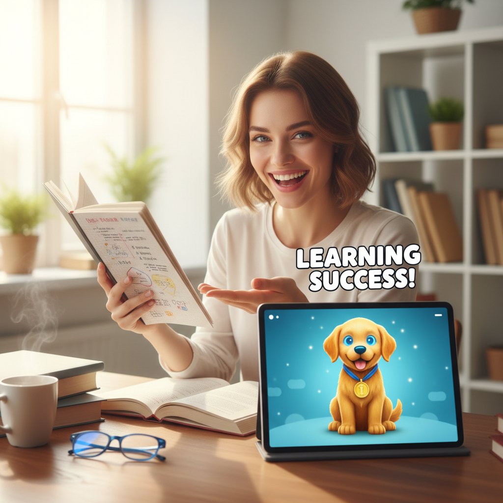 Dziewczynka z notesem, uśmiechnięta, trzyma tablet z obrazem wirtualnego psa