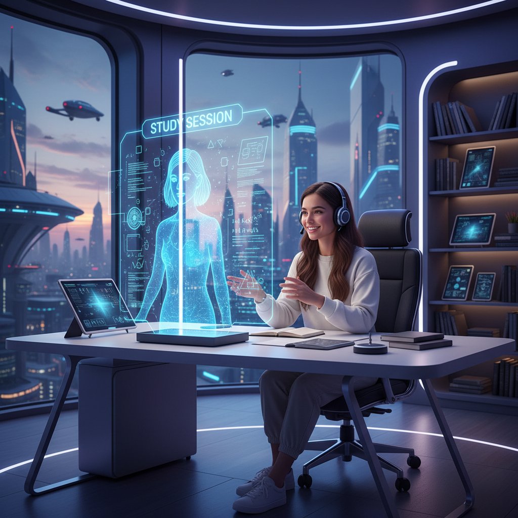 Uczennica rozmawia przez komputer z hologramem AI-korepetytora, atmosfera nowoczesności, motywacja do nauki, pokój pełen notatek i podręczników