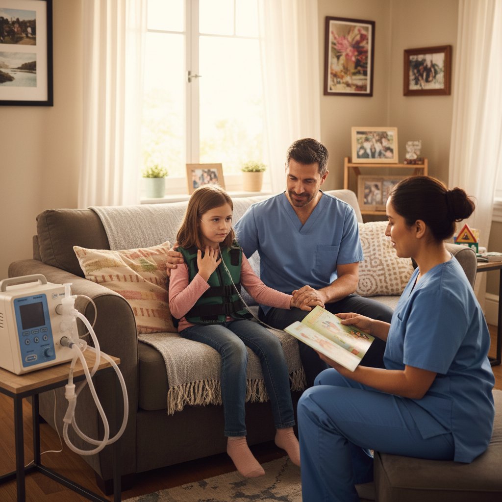 Dziewczyna wykonująca fizjoterapię oddechową w domu, sprzęt medyczny, wsparcie rodziny