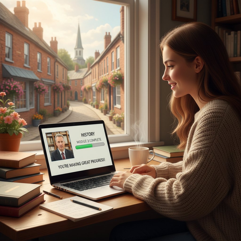 Uczennica z małego miasteczka na lekcji historii online, zadowolona z postępów