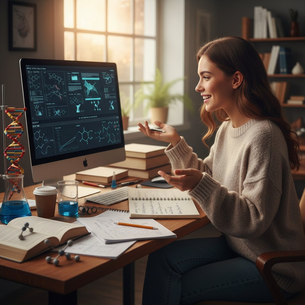 Dziewczyna ucząca się chemii, notatki i komputer, radość z postępów