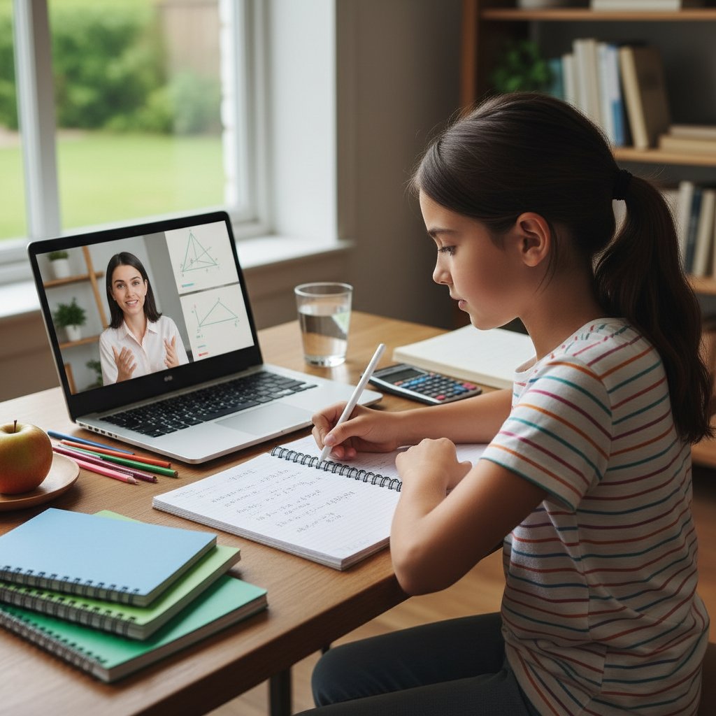 Dziewczyna uczy się matematyki online, otoczona notatkami, wyraźny postęp na ekranie laptopa