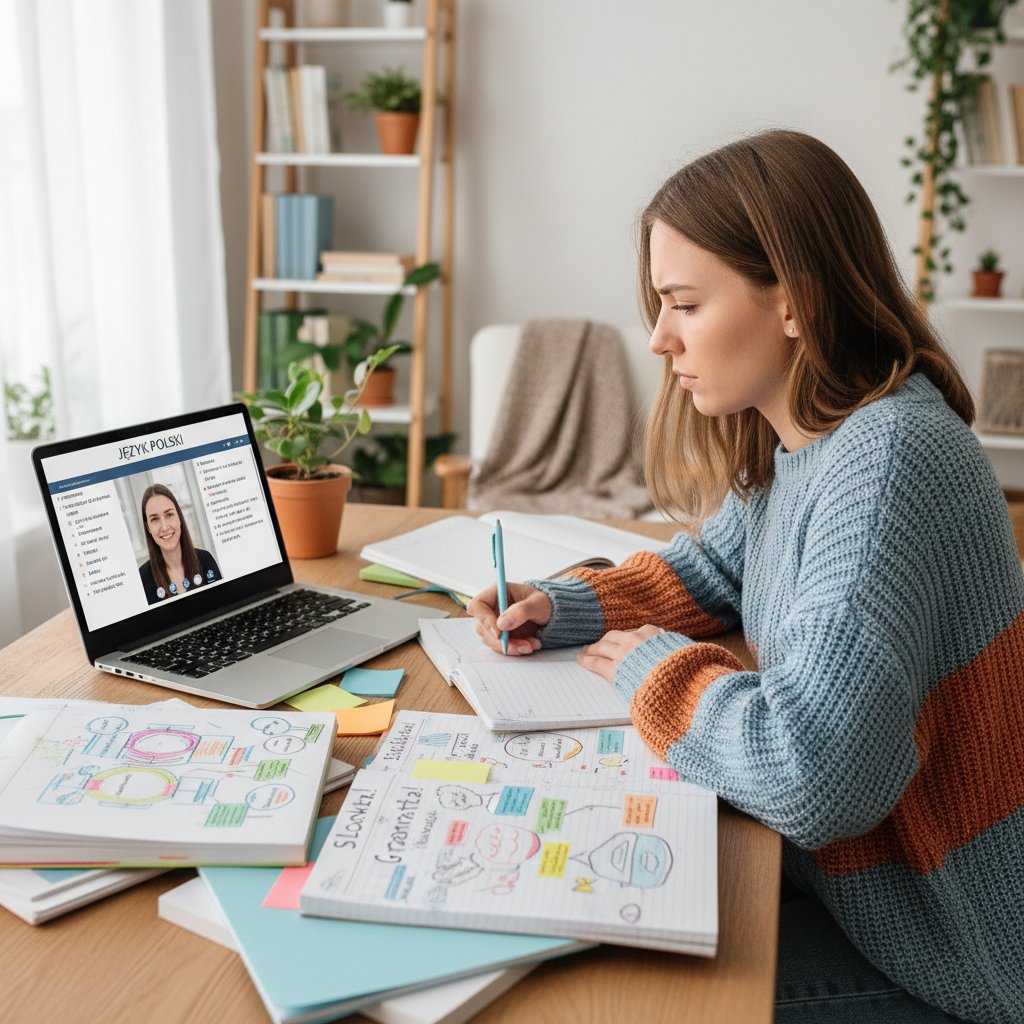 Dziewczyna uczy się języka polskiego online, skupiona twarz, kolorowe notatki, laptop, wieczór