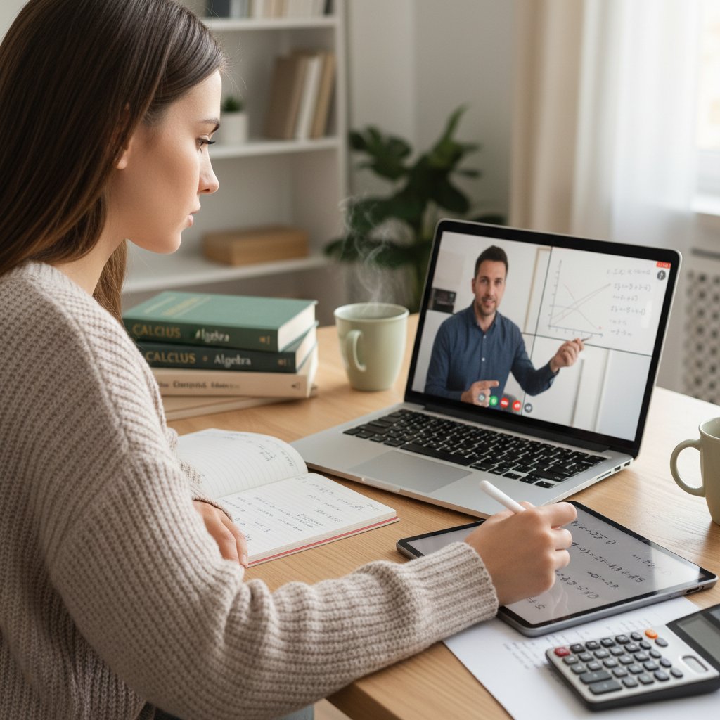 Uczennica podczas konsultacji na żywo z korepetytorem oraz samodzielnej pracy na laptopie