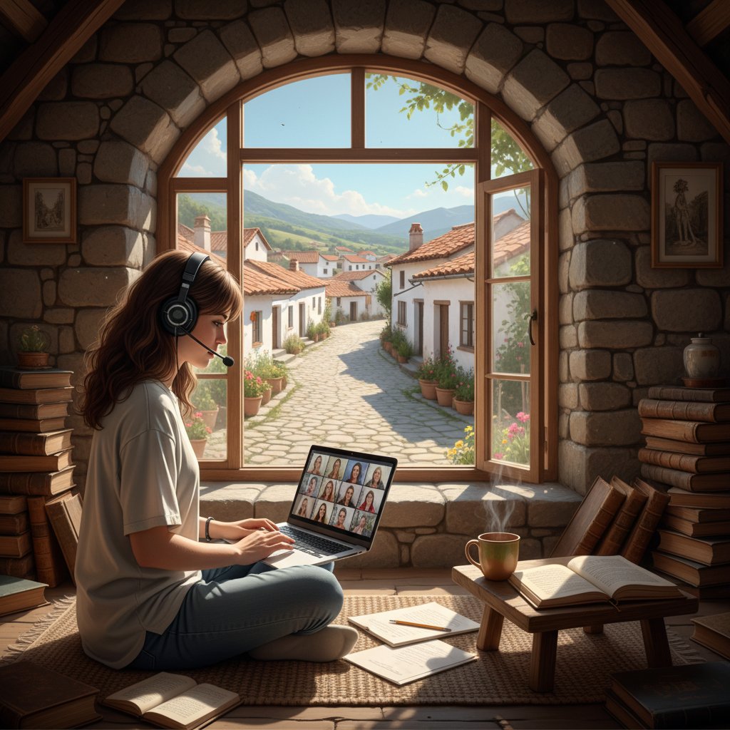 Dziewczynka z małej miejscowości podczas sesji online, komputer, kolorowe książki