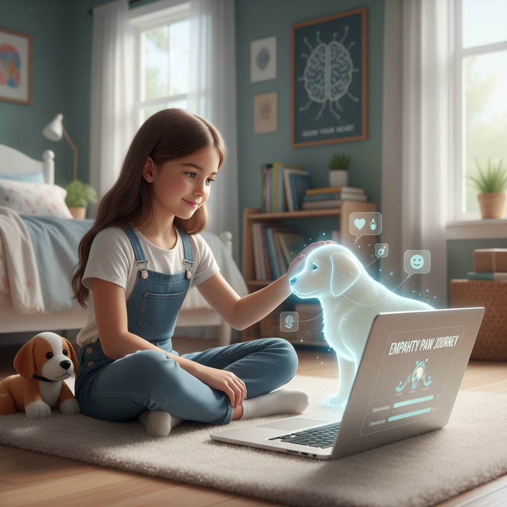 Dziewczynka opiekująca się wirtualnym psem na laptopie - nauka empatii przez gry edukacyjne