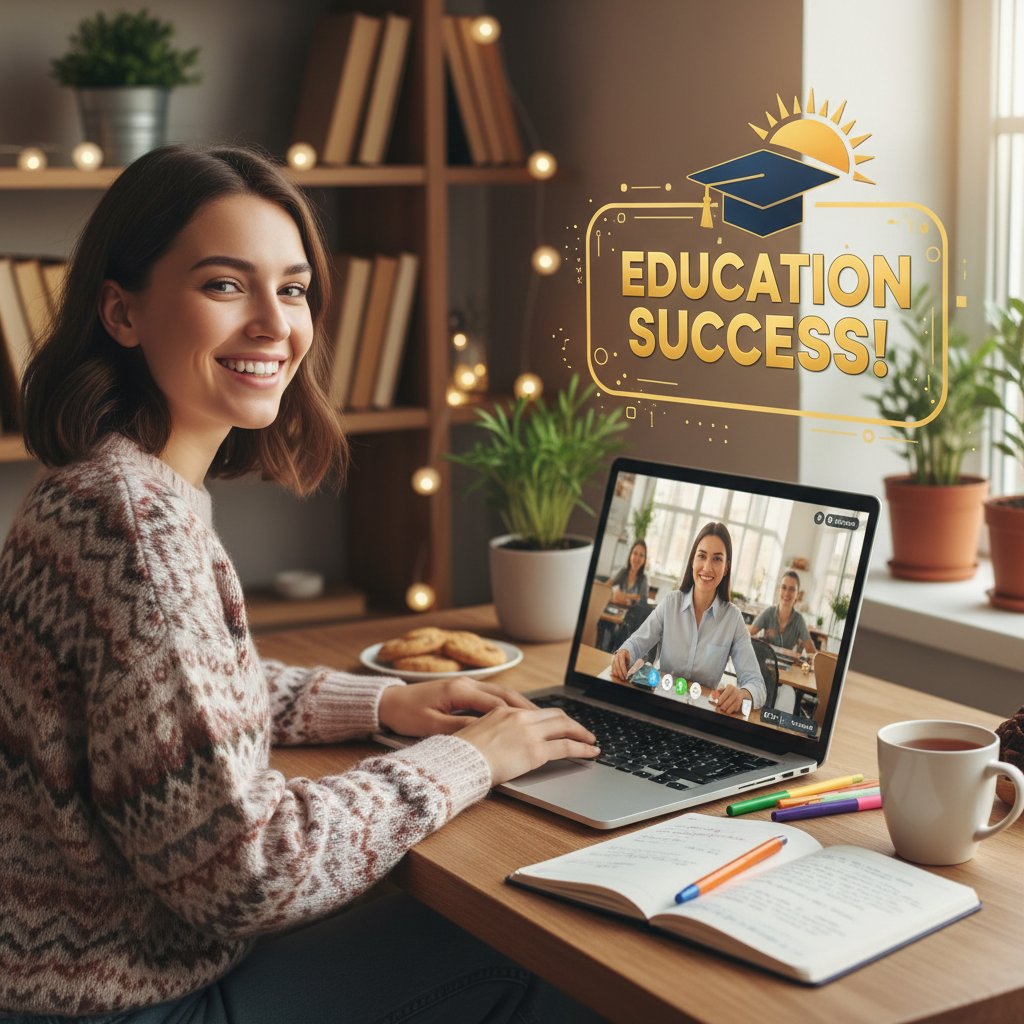 Uczennica uczestnicząca w lekcji online, radość z sukcesu edukacyjnego, domowa atmosfera