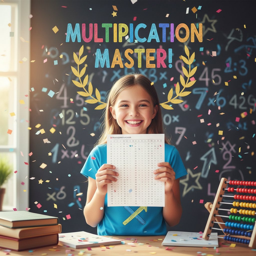 Dziewczynka uśmiechnięta po opanowaniu tabliczki mnożenia, sukces edukacyjny