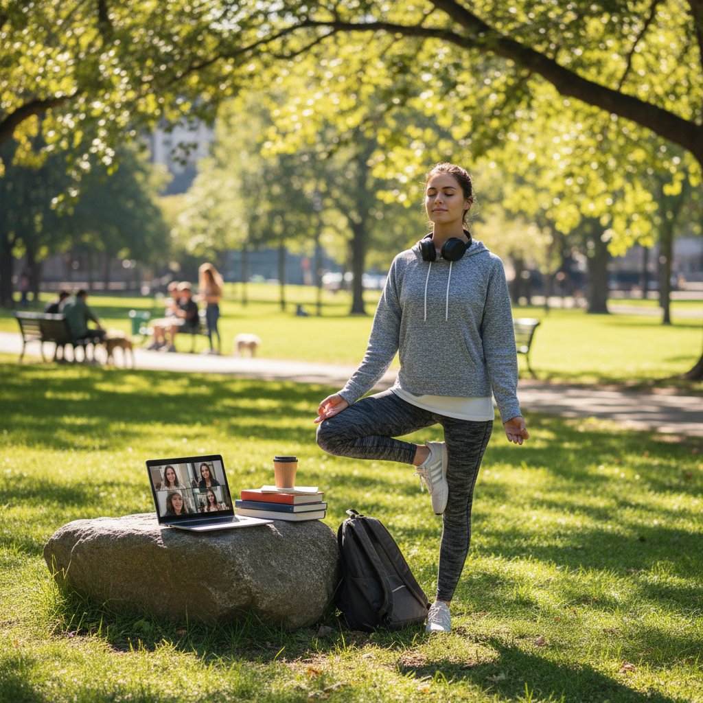 Uczennica odpoczywa od komputera, spacer w parku, równowaga między nauką online a relaksem