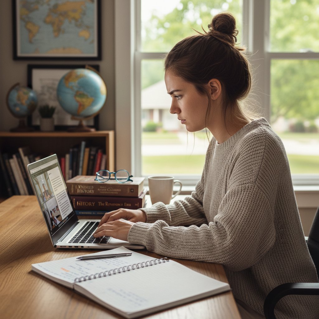 Uczennica uczestniczy w korepetycjach online, skupiona przy laptopie, notatki i podręczniki na stole