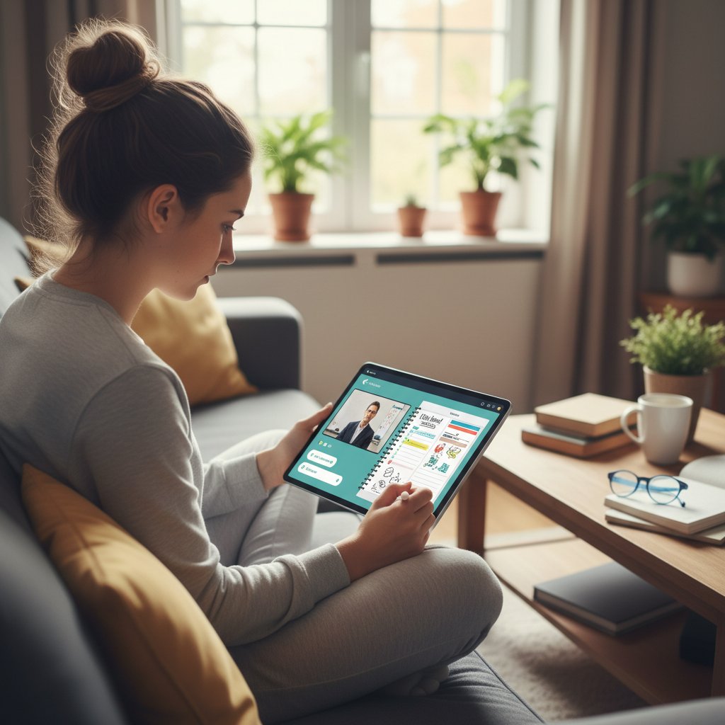 Uczennica korzystająca z aplikacji do nauki online i notowania na tablecie