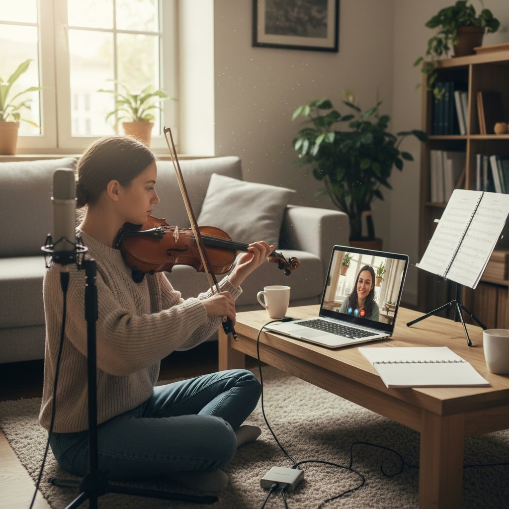 Uczennica skrzypiec z laptopem i mikrofonem podczas lekcji online w domowym zaciszu