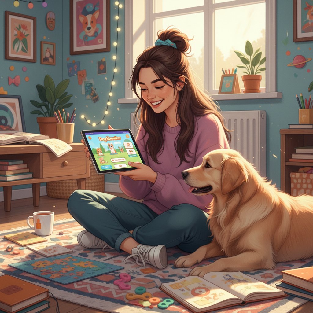 Dziewczynka z ADHD korzysta z aplikacji pies symulator w pokoju – pozytywne emocje i skupienie