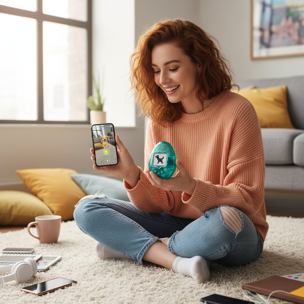 Dziewczynka trzymająca tamagotchi, a obok młody dorosły z wirtualnym psem na smartfonie – zestawienie tradycji i nowoczesności