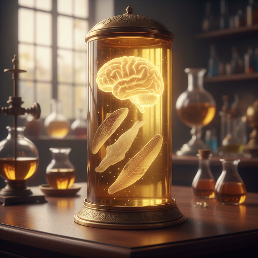 Zbliżenie na kapsułkę z olejem wśród ryb i sylwetką mózgu, kwasy omega-3 DHA