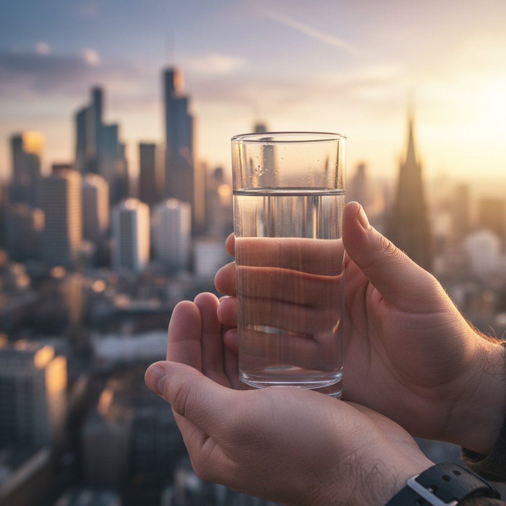 Szklanka wody trzymana w dłoniach nad panoramą miasta – świadome korzystanie z wody wodorowej