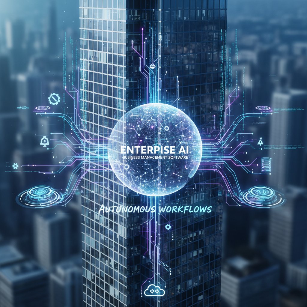 Glass skyscraper with digital data streams, conveying the forward-looking mood for the future of AI-driven enterprise management in 2025, keywords enterprise AI business management software, autonomous workflows