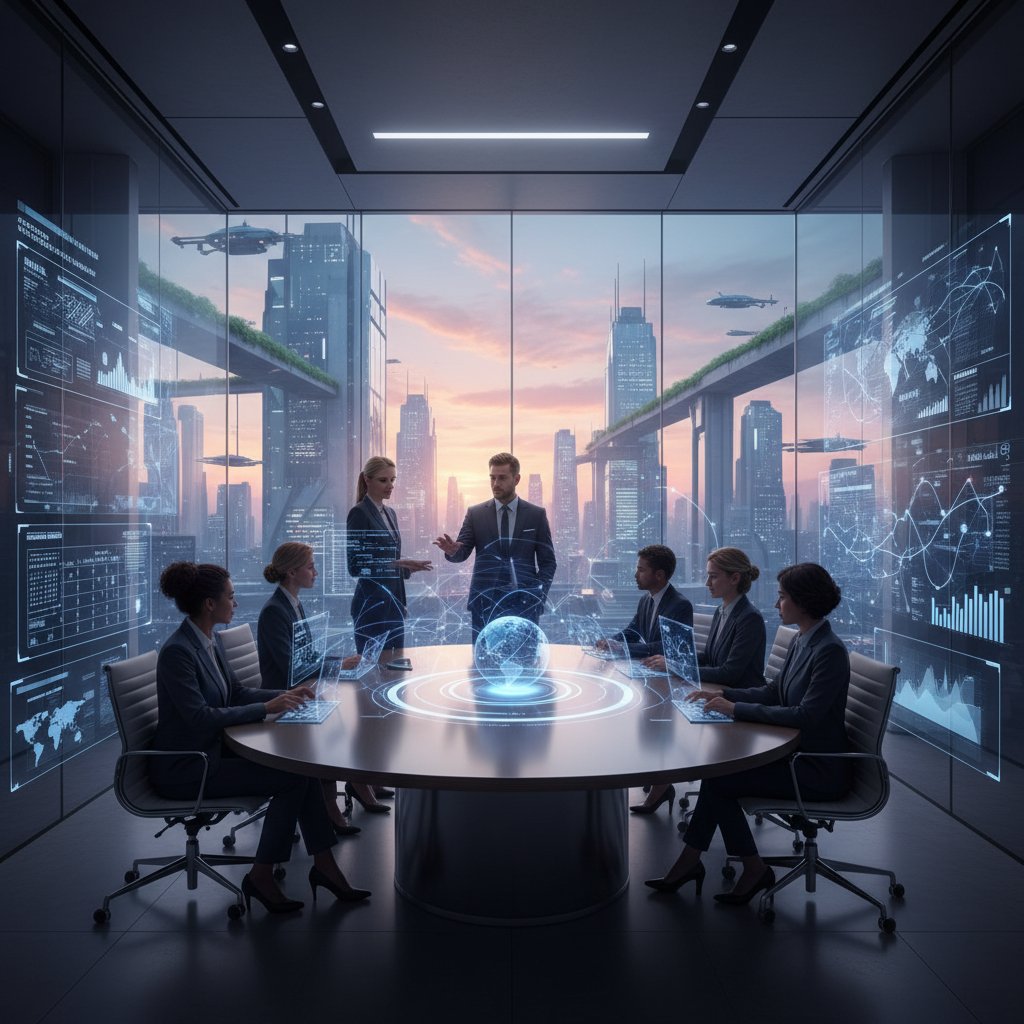 Futuristic, stylized photo of professionals collaborating in a glass-walled meeting room with holographic calendar data