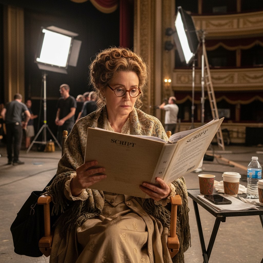 Behind-the-scenes shot of Glenn Close studying a script, focused, natural light
