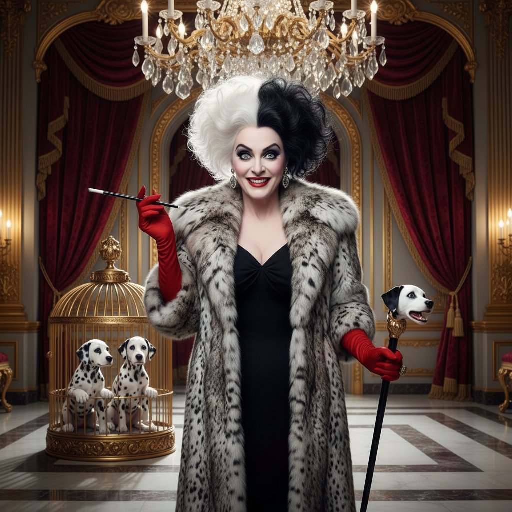 Glenn Close as Cruella, extravagant costume, vivid colors, theatrical lighting