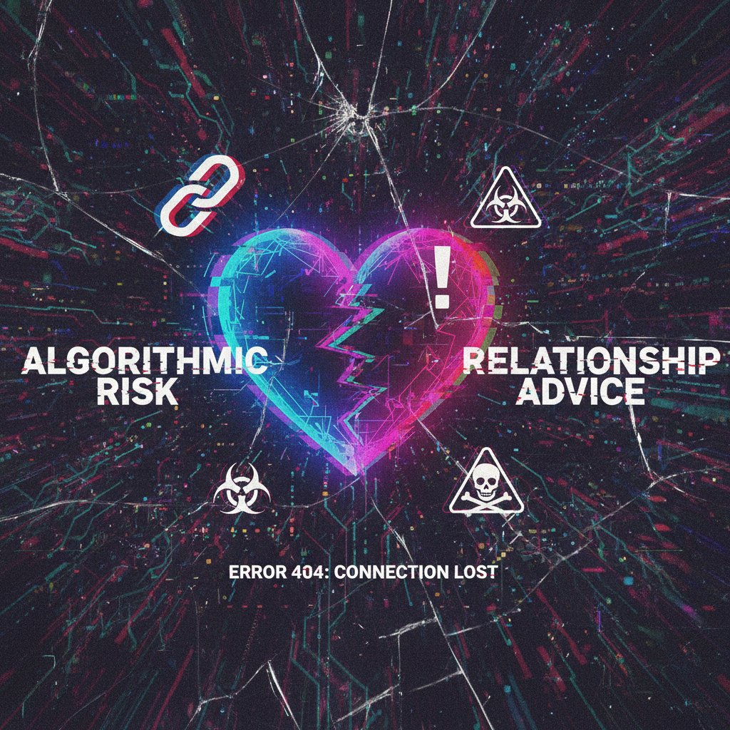 Glitch-art style digital heart with warning symbols, representing algorithmic risks in online relationship advice
