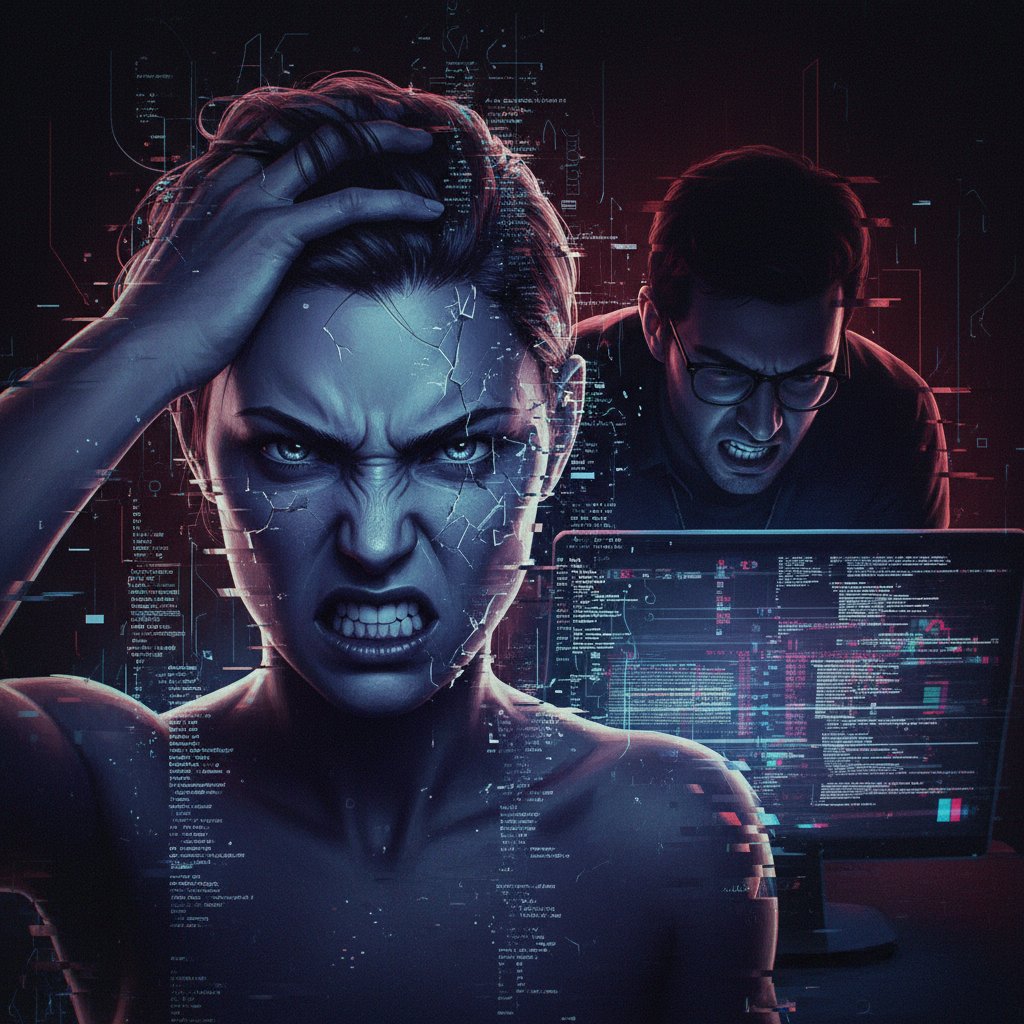 Błędy i rozczarowania w coachingu AI – efekt „glitch” na twarzy awatara AI, sfrustrowany użytkownik