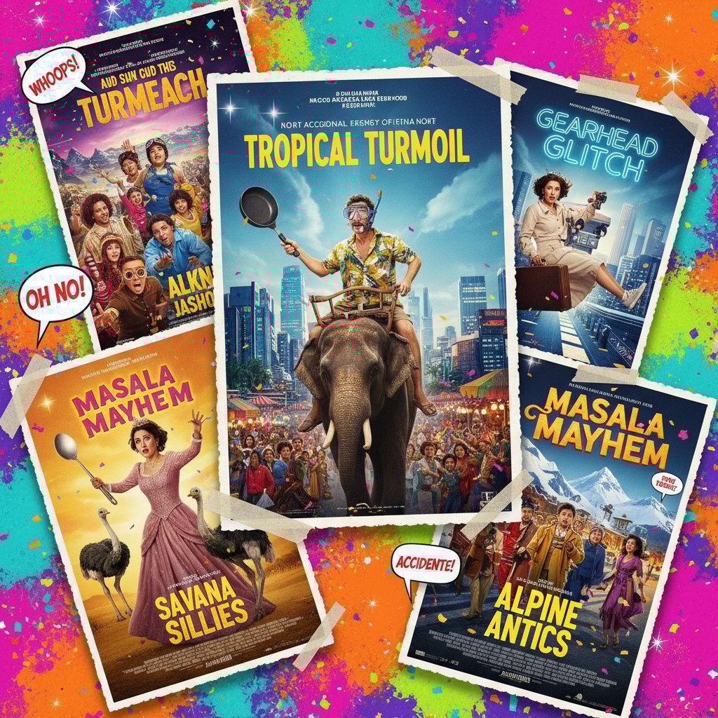 Global accidental hero comedy film posters, collage, vibrant colors, movie accidental hero comedy