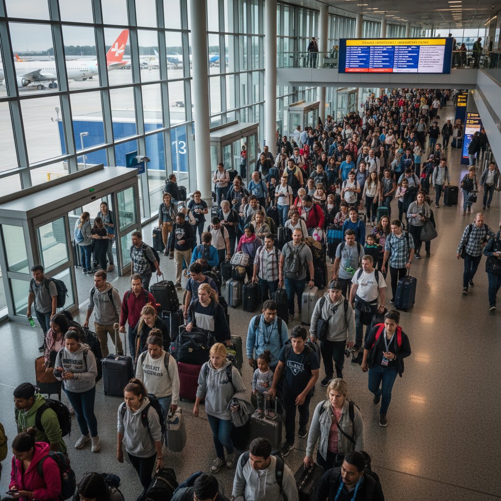 Crowded airport arrivals hall with diverse travelers and families reuniting, symbolizing the impact of affordable airfare on global cities