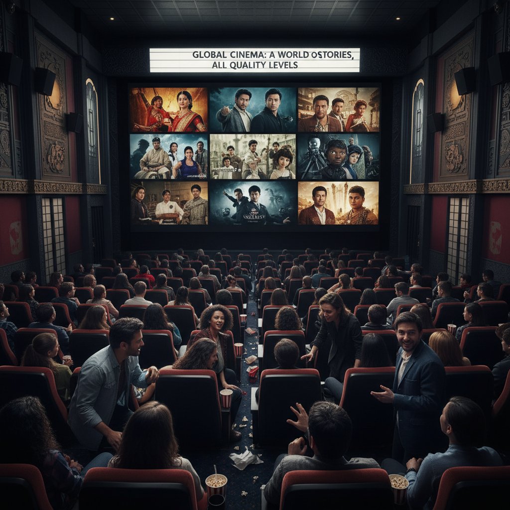 Global cinema fans celebrating diverse movie quality