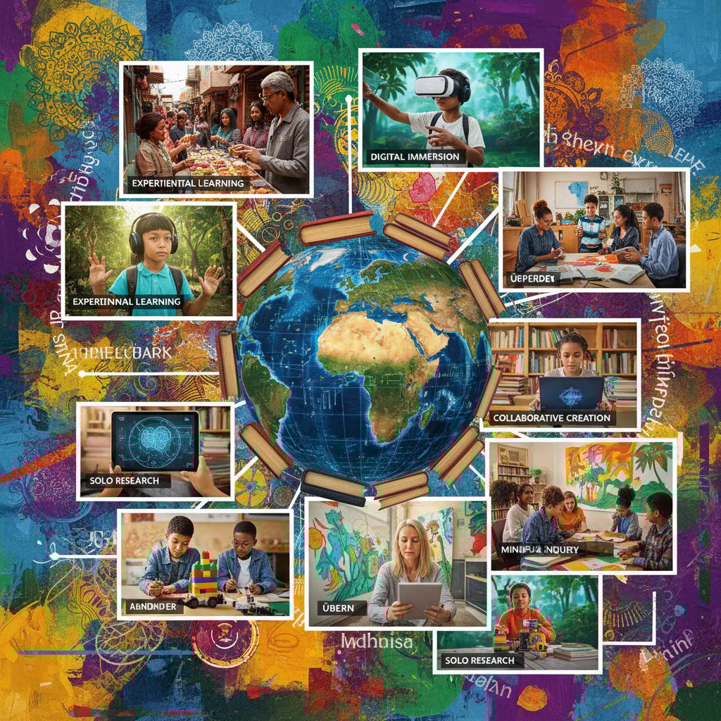 Inspiracje edukacyjne z różnych krajów – różnorodne style uczenia się, kolaż klasowych scen