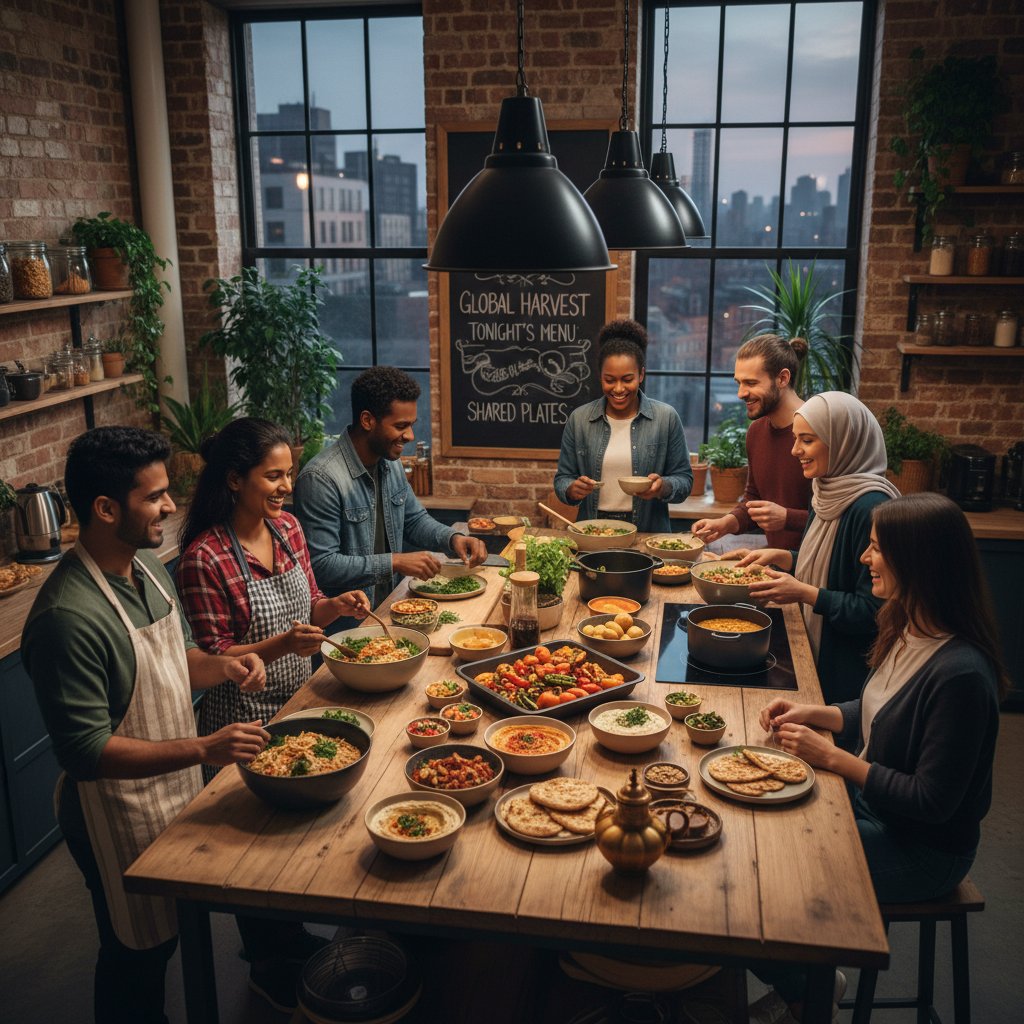 International co-living community kitchen with diverse residents sharing a meal, global roommate revolution and accommodation search
