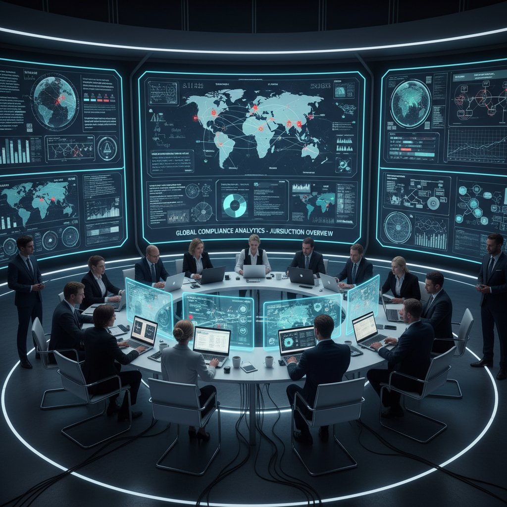 Global compliance team in a crisis room, using AI dashboards to avert disaster across international jurisdictions