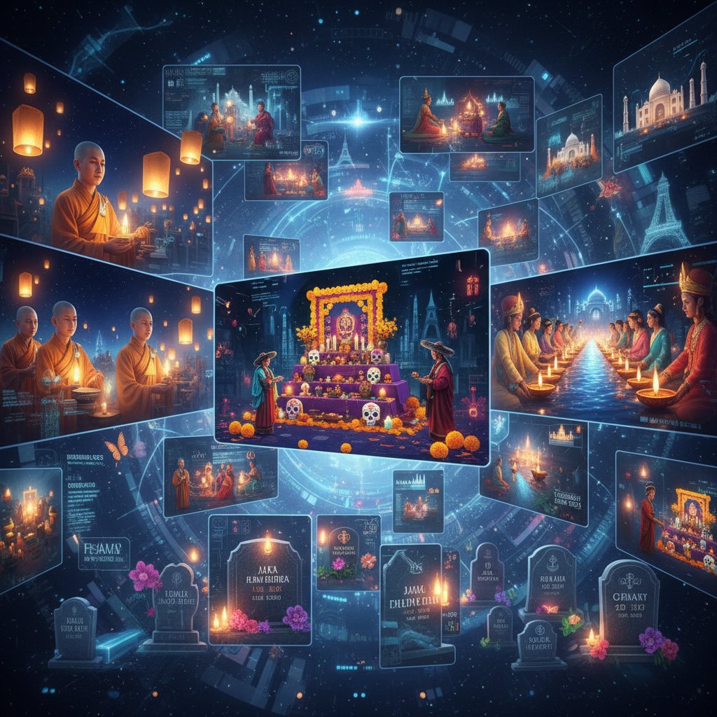 A global collage of online memorial events: incense ceremony via livestream, WhatsApp group mourning, Facebook tribute pages