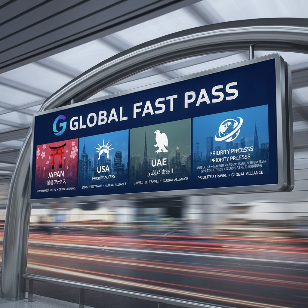 Global fast pass signage in Japan, USA, and UAE, showing cultural differences in fast pass systems